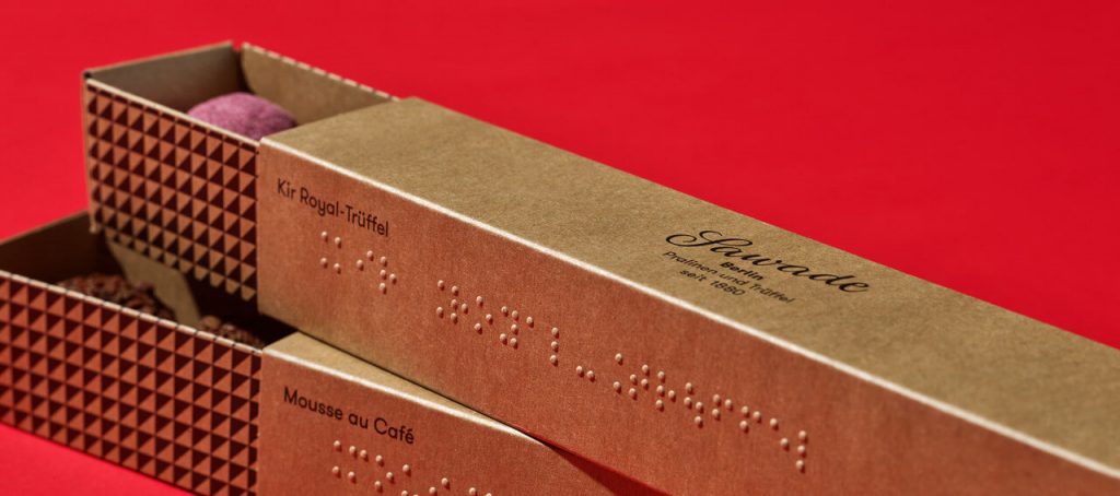 Sawade Verpackung der Pralinensortimente sind alle mit Braillebeschriftung ausgestattet